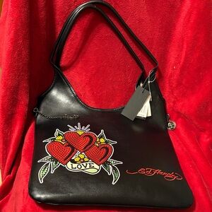 Ed Hardy Black Shoulder Bag with Love Bling Heart Design NWT